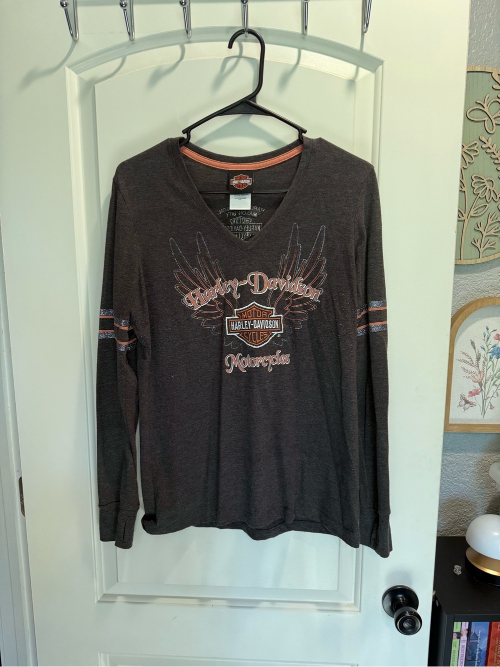 Harley-Davidson Black Long Sleeve V-Neck with Orange & Gray Wing Graphic